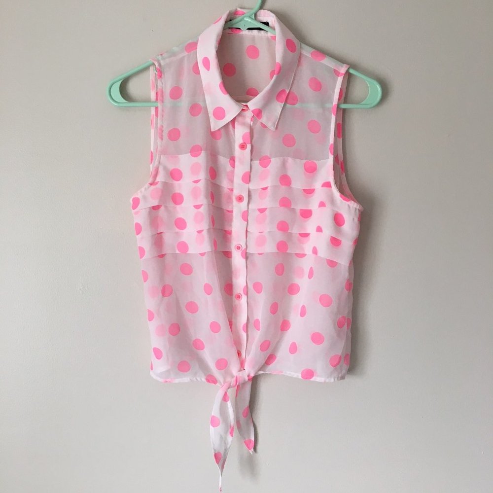 Modcloth Pink Polka Dot Tie Front Sleeveless Top